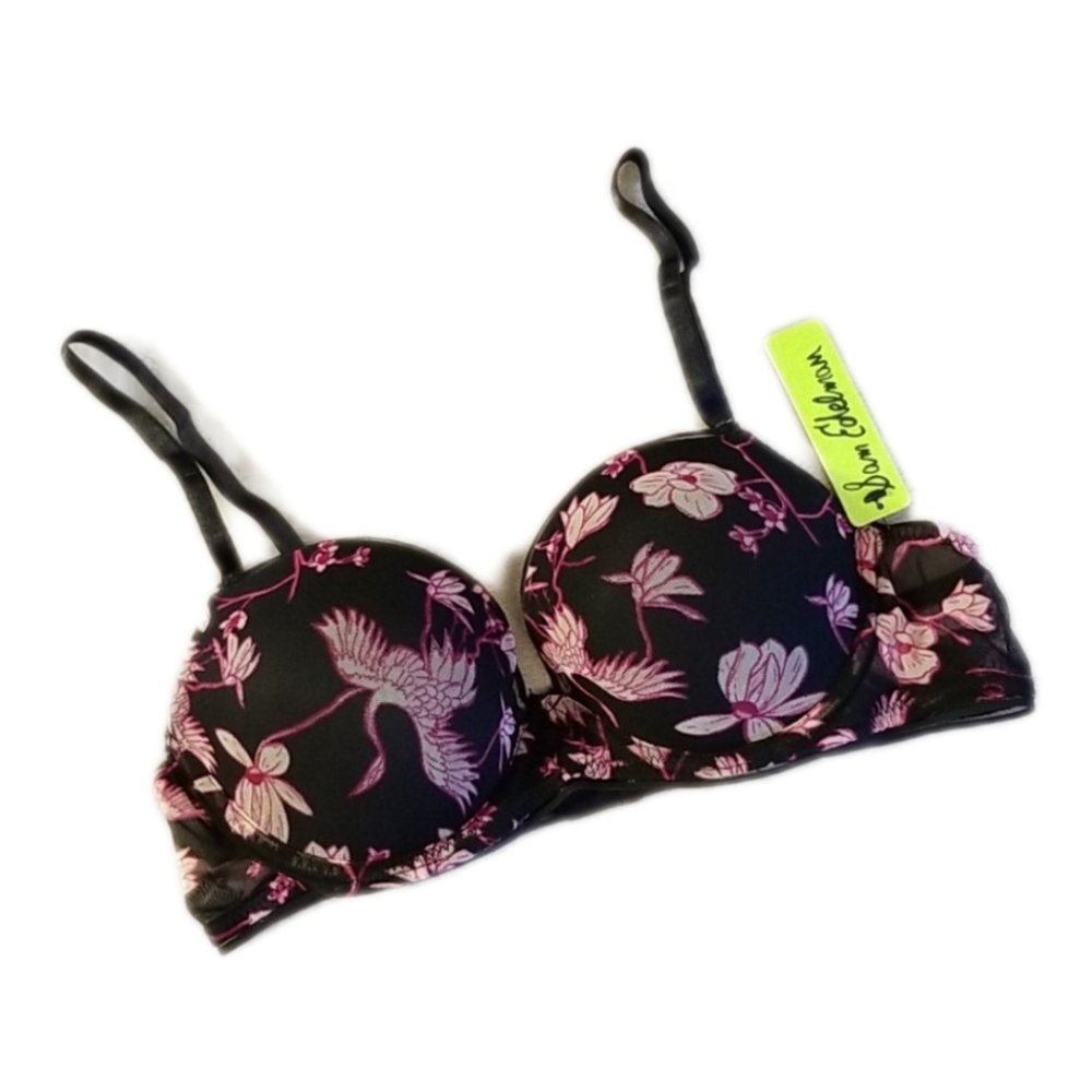 Sam Edelman Mesh T-Shirt Padded Black Floral Bra 34D 36B